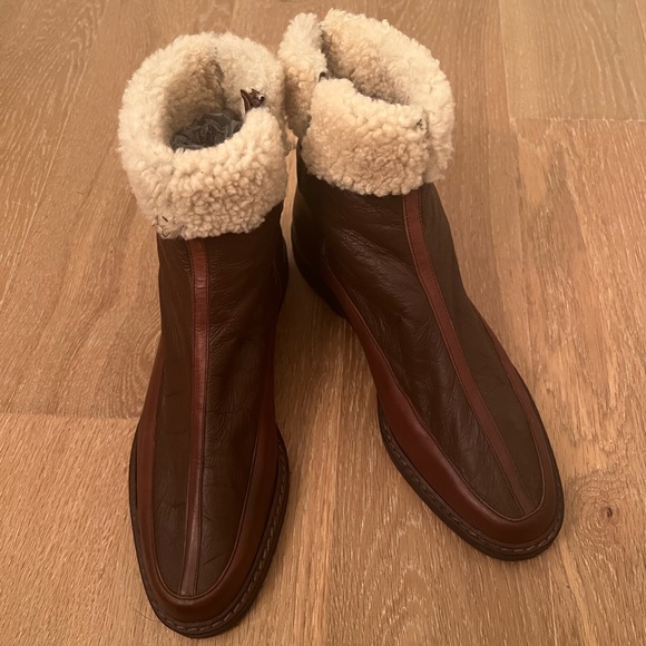 Vintage Charles Jourdan two tone brown leather and shearling boots size 10 - Picture 1 of 10
